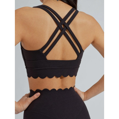 High quality scollap sports bra with back cross straps high impact fitness bra for women