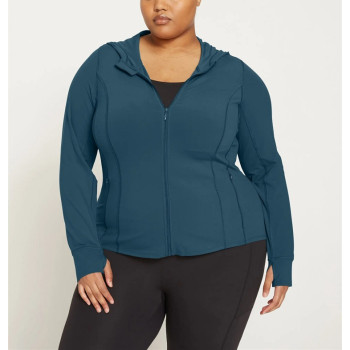 Plus size nylon spandex hooded jackets for ladies light weight basic yoga jackets