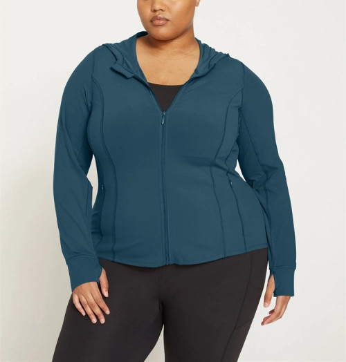 Plus size nylon spandex hooded jackets for ladies light weight basic yoga jackets