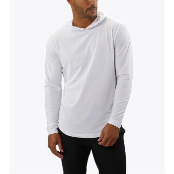 Custom hooded long sleeve t shirts with curved hem