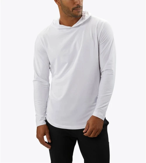 Custom hooded long sleeve t shirts with curved hem