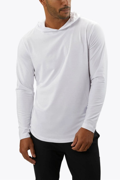 Custom hooded long sleeve t shirts with curved hem