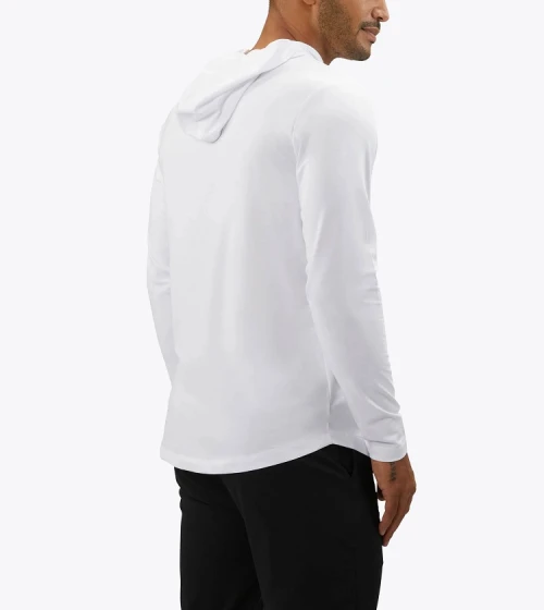 Custom hooded long sleeve t shirts with curved hem