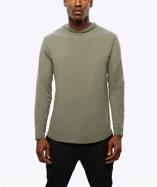 Custom hooded long sleeve t shirts with curved hem