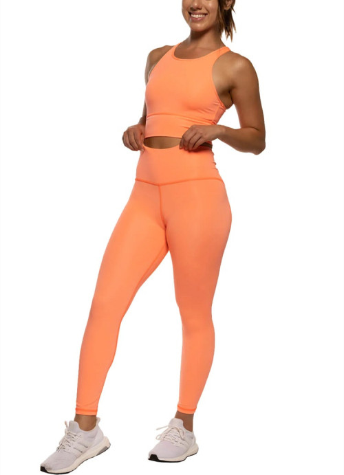 Moisure-wicking 2 pieces yoga sets high impact open back with 7/8 leggings outfits