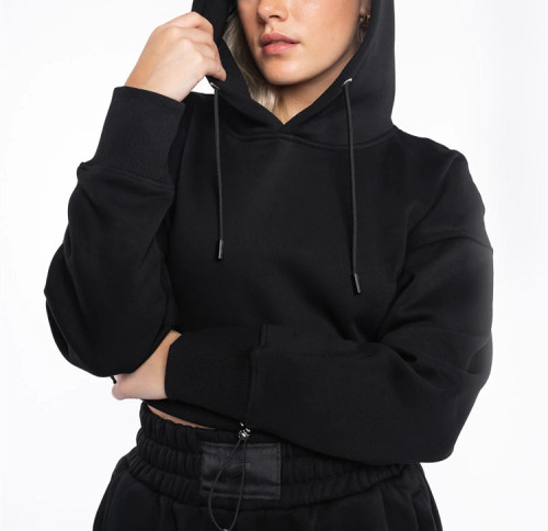 Custom women's cropped hoodies with adjustable waist cotton fleece hooded sweatshirts