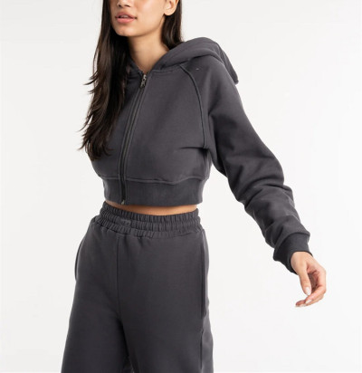 Custom women's zipper hoodies cotton fleece cropped hooded sweatshirts
