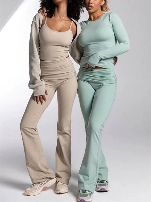 Custom athleisure fold over flattering yoga pants no front seam squat proof flared yoga leggings