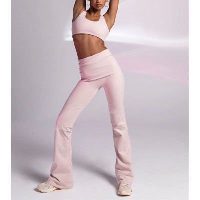 Custom athleisure fold over flattering yoga pants no front seam squat proof flared yoga leggings