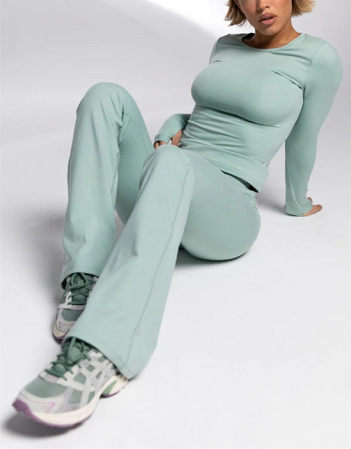 Custom athleisure fold over flattering yoga pants no front seam squat proof flared yoga leggings