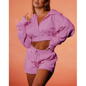 Custom 2 pieces cotton hooded jackets and shorts sets high quality loungewear sets