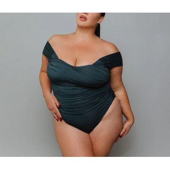 Plus size one piece ruched swimwear off-shoulder full coverage beachwear