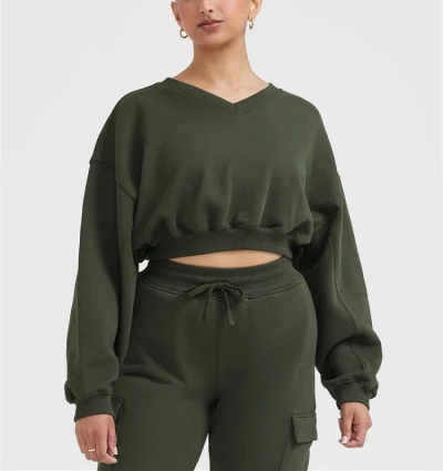 V neck cropped sweatshirts for ladies oversized hoodies with ribbed cuff and hem