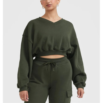 V neck cropped sweatshirts for ladies oversized hoodies with ribbed cuff and hem