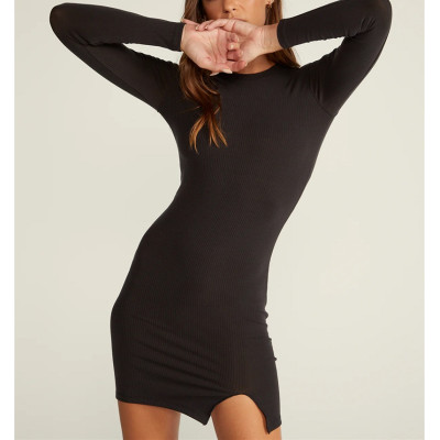 New arrival crew neck split hem dress long sleeve athleisure style ribbed dresses
