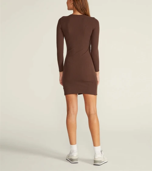 New arrival crew neck split hem dress long sleeve athleisure style ribbed dresses