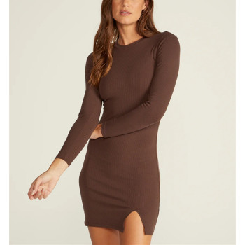 New arrival crew neck split hem dress long sleeve athleisure style ribbed dresses