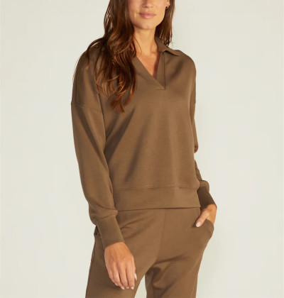 Cotton V neck relaxed fit sweatshirts for ladies polo collar athleisure hoodies