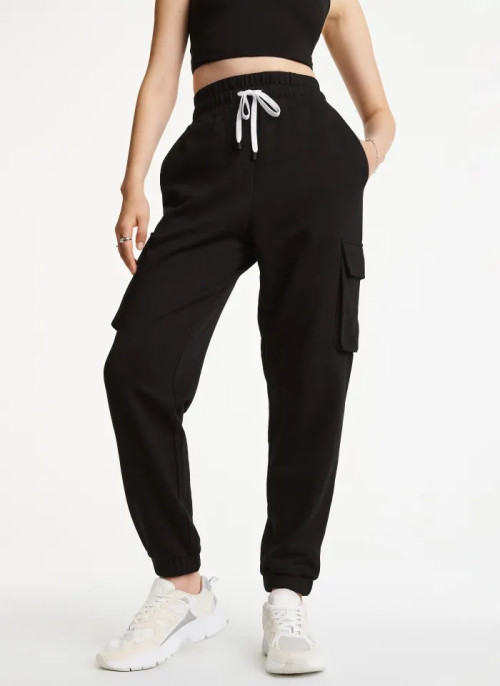 New arrival high waisted cotton french terry cargo pants elastic waist running joggers pants