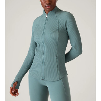 Custom long sleeve ribbed yoga jacket with zipper pockets with thumble hole