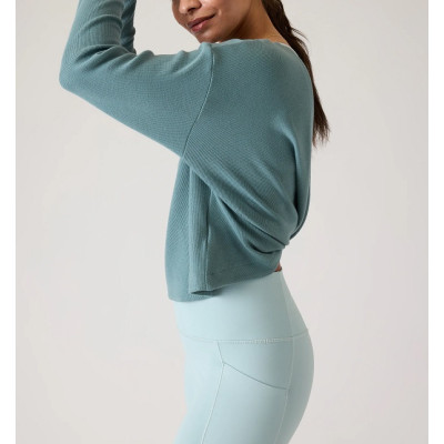 Crew neck ribbed cotton blend twist sweatshirts cozy relaxed fit cropped hoodies