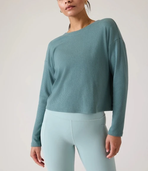 Crew neck ribbed cotton blend twist sweatshirts cozy relaxed fit cropped hoodies