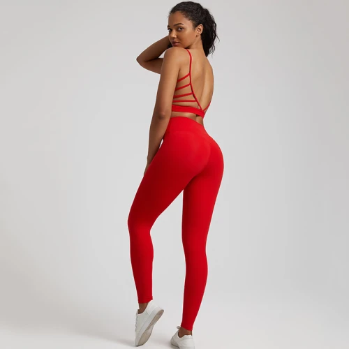 New arrival 2 pieces solid color yoga sets padded open back sports bra tummy control yoga leggings