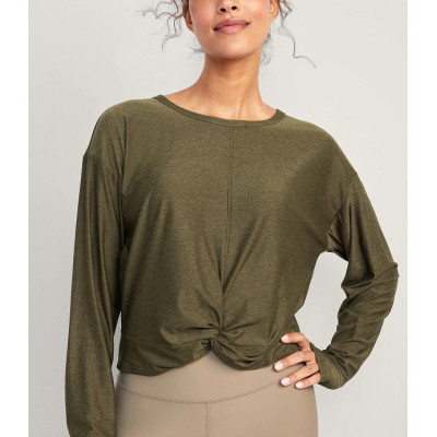 2024 Lightweight long sleeve twist t shirts crew neck cozy fit gym crop top with thumble holes