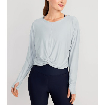 2024 Lightweight long sleeve twist t shirts crew neck cozy fit gym crop top with thumble holes
