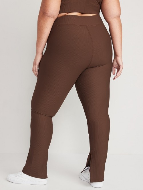 Extra high waist rib knit flared leggings with side slit plus size super stretchy yoga pants