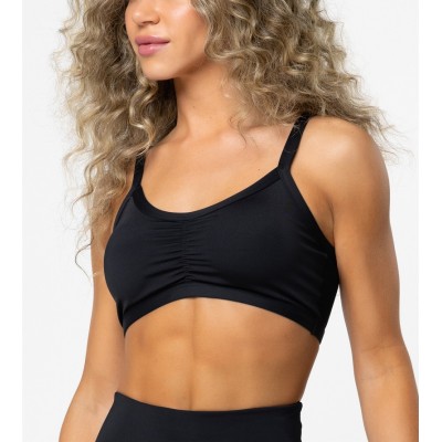 Crew neck medium support ruched sports bra with spaghetti straps