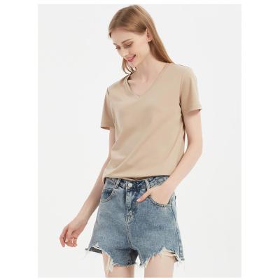 100%cotton v neck regular length t shirts for women basic style slim fit tees