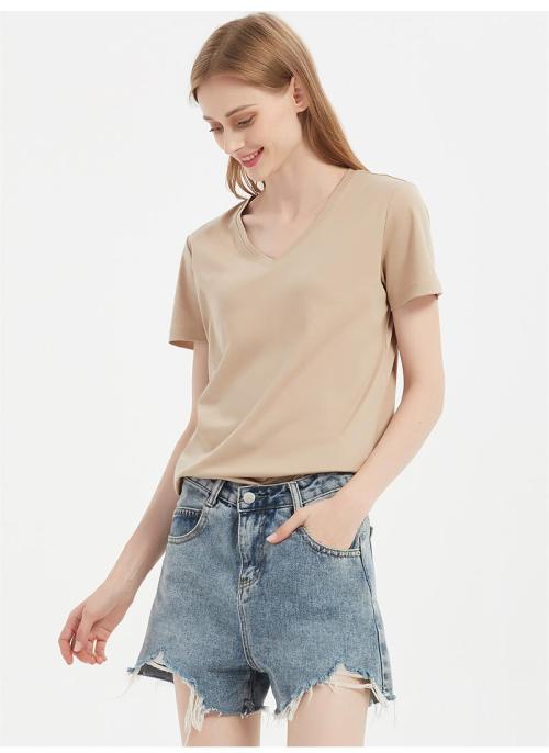 100%cotton v neck regular length t shirts for women basic style slim fit tees