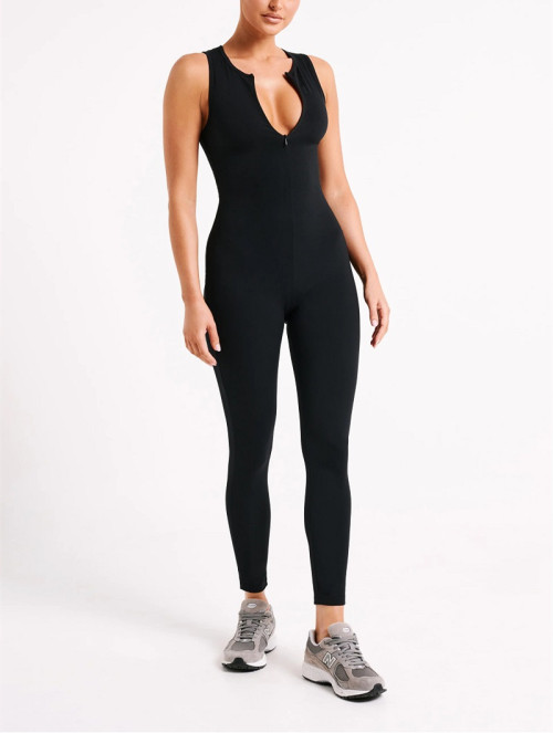 Sleeveless zipper jumpsuits full length zip up fitness bodysuits