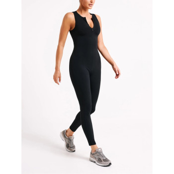 Sleeveless zipper jumpsuits full length zip up fitness bodysuits
