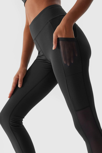 Tummy control performance tights with side pockets side mesh plain yoga leggings