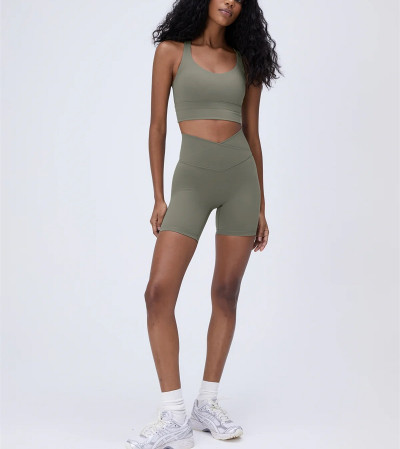 New arrival wrap over no front seam crop shorts crossover nylon spandex biker shorts