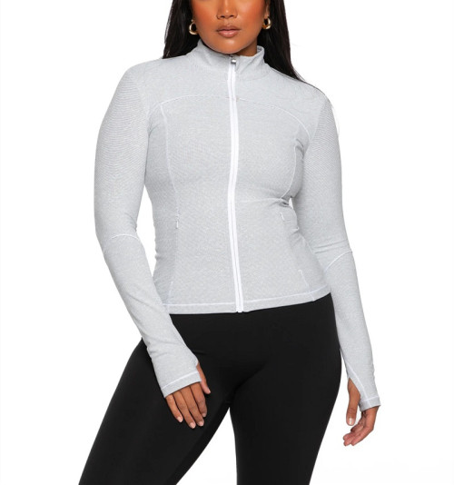 Full zipper stand collar long sleeve yoga jackets with side zipper pockets