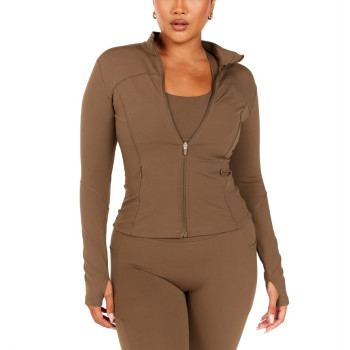 Full zipper stand collar long sleeve yoga jackets with side zipper pockets