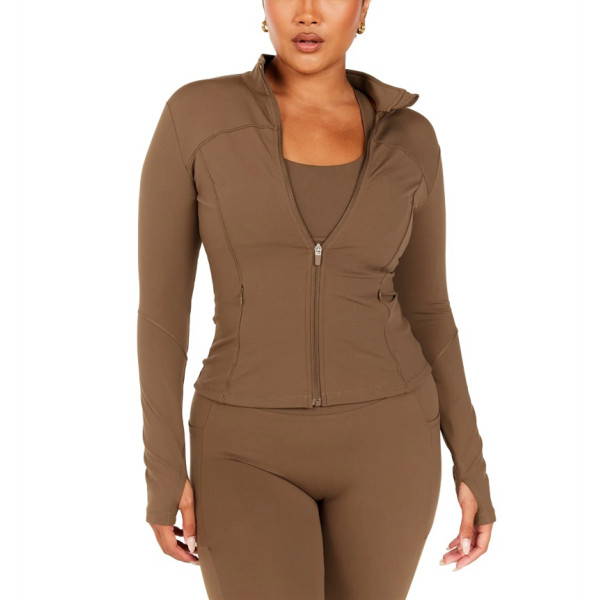 Full zipper stand collar long sleeve yoga jackets with side zipper pockets