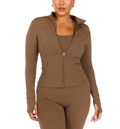 Full zipper stand collar long sleeve yoga jackets with side zipper pockets