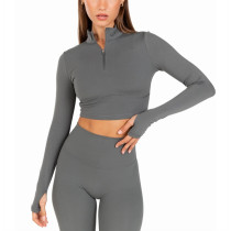 Long sleeve half zipper gym shirts compressive cropped tees