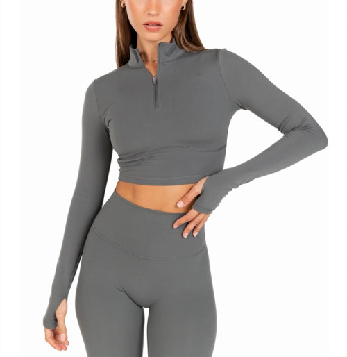 Long sleeve half zipper gym shirts compressive cropped tees