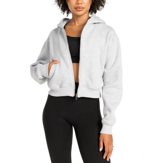 Relaxed fit hooded jackets full zipper cropped hoodies with front pockets