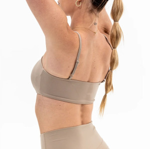 Moisture-wicking nylon spandex ruched tube top with removable paddings