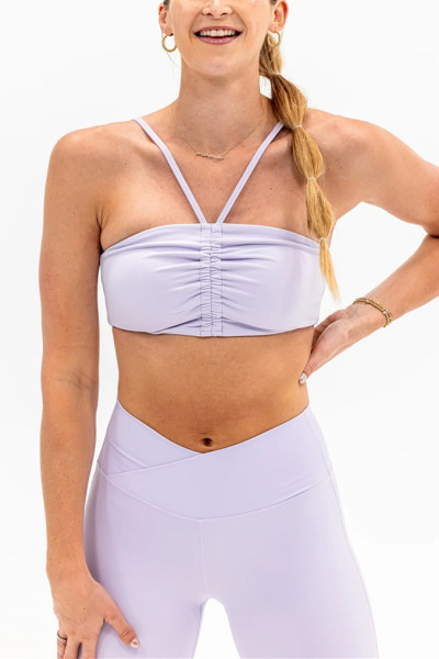 Moisture-wicking nylon spandex ruched tube top with removable paddings
