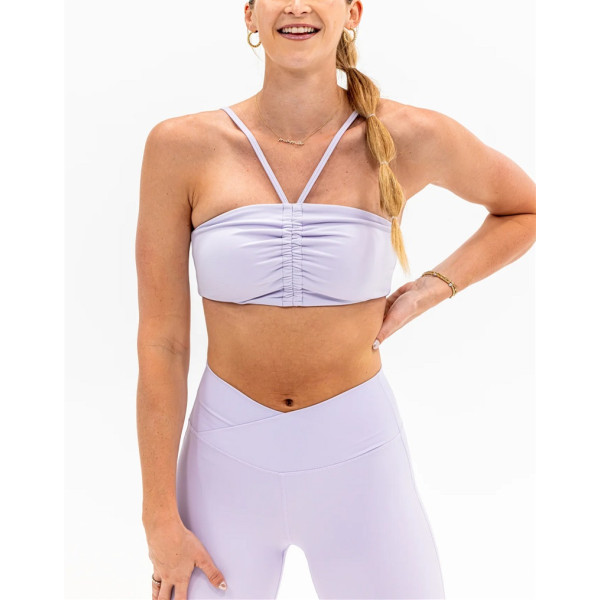 Moisture-wicking nylon spandex ruched tube top with removable paddings