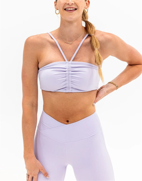 Moisture-wicking nylon spandex ruched tube top with removable paddings