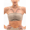 Moisture-wicking nylon spandex ruched tube top with removable paddings