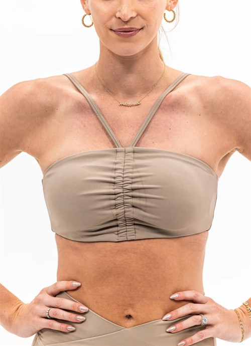 Moisture-wicking nylon spandex ruched tube top with removable paddings